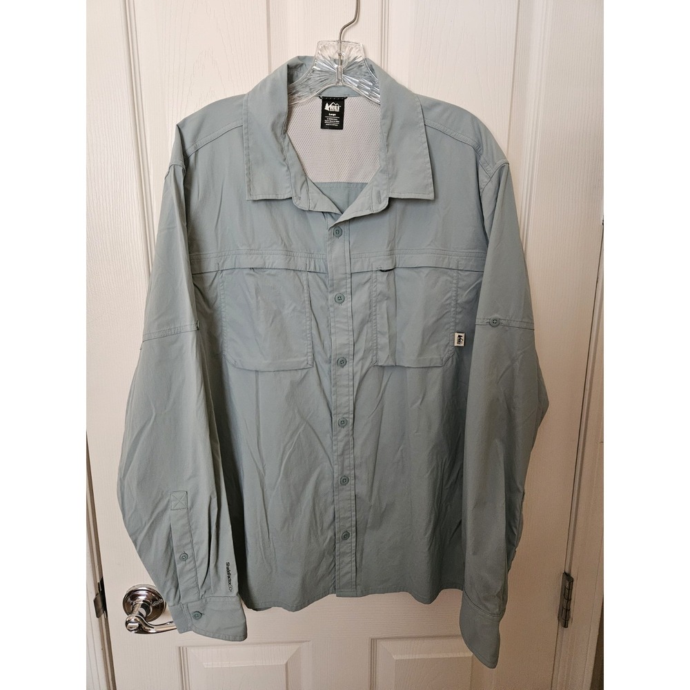 REI Sahara Men's Blue Long Sleeve Shirt Hiking Fishing Mesh Yoke, UPF 50+, Sz. L